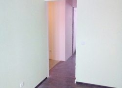 Вид из комнаты в коридор. Стены выровнены и покрашены, ламинат положен. Хозяйка ищет двери.